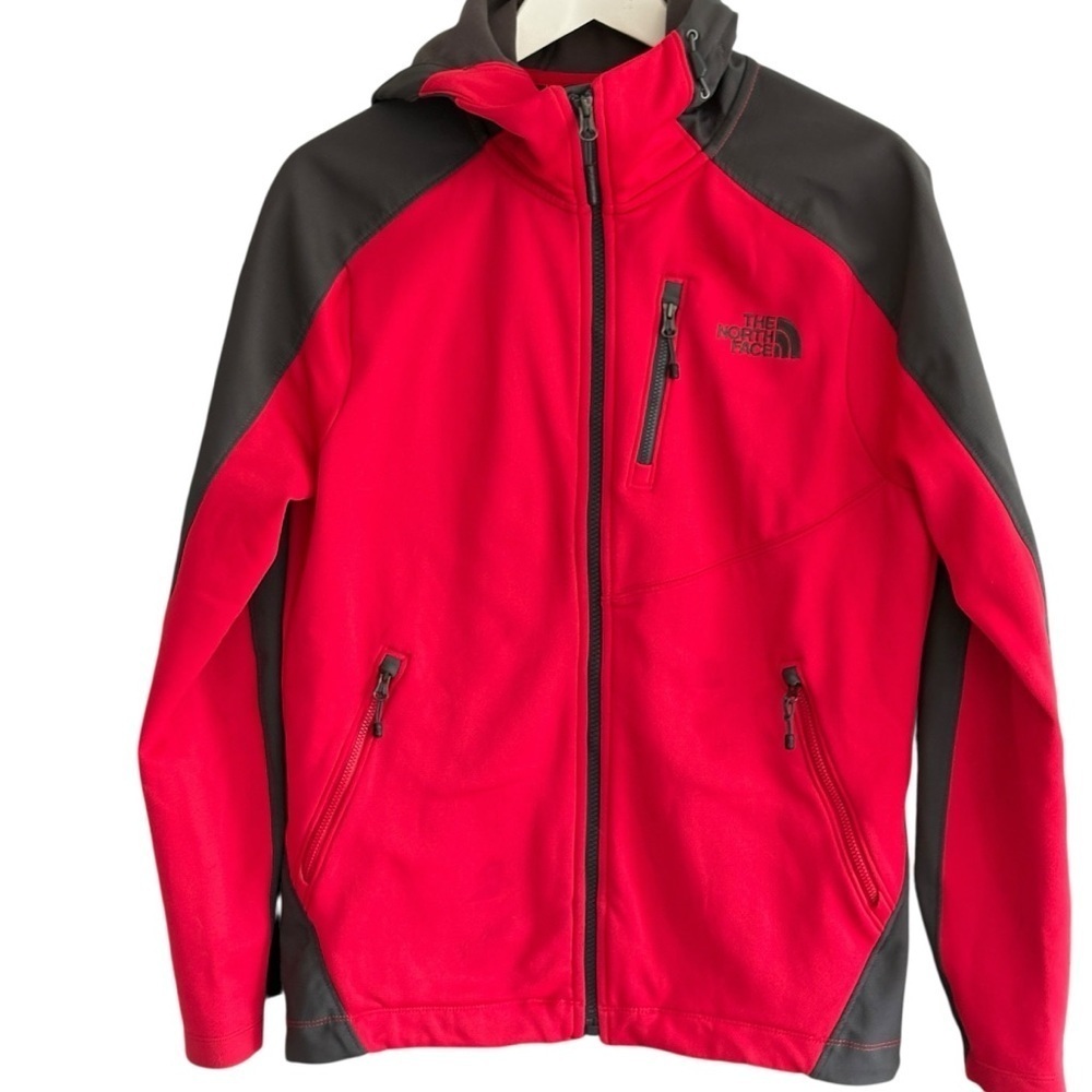 The North Face Mens Soft Shell Hoodie Red Gray Jacket Size Small